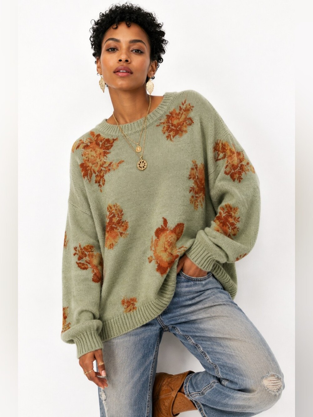 Altar’d State Sage Green Floral Oversized Sweater Size M